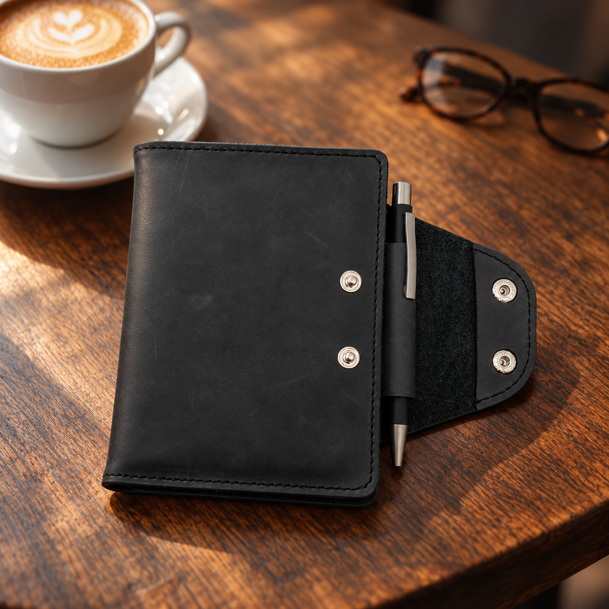 Gild & Grain Heritage A6 The Kia in black leather, showing the open fastening flap and included pen