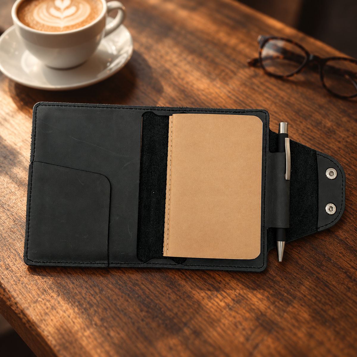 Open black leather cover showing the inside pocket, included A6 notebook and pen