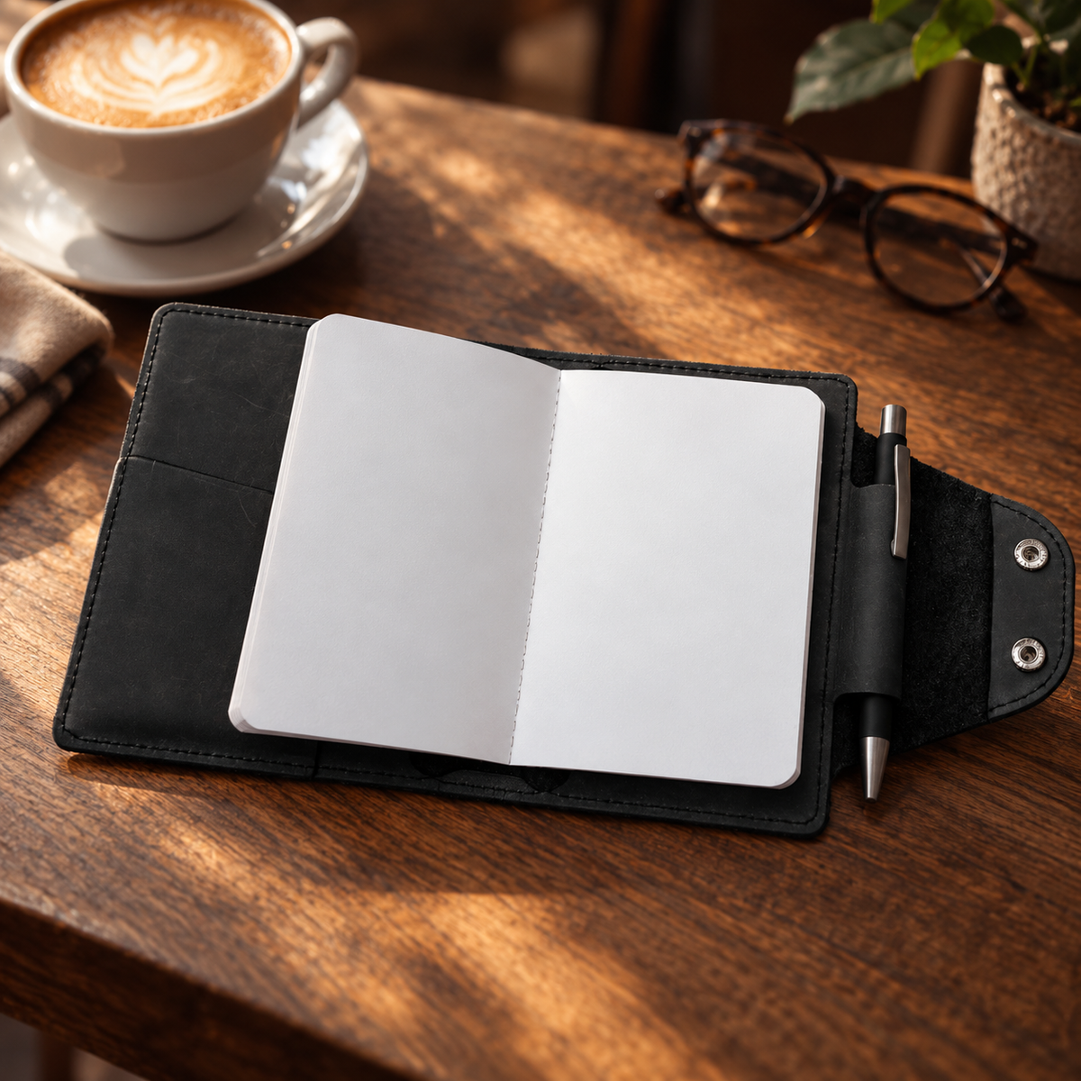 Heritage A6 The Kia open to blank notebook pages with the included pen